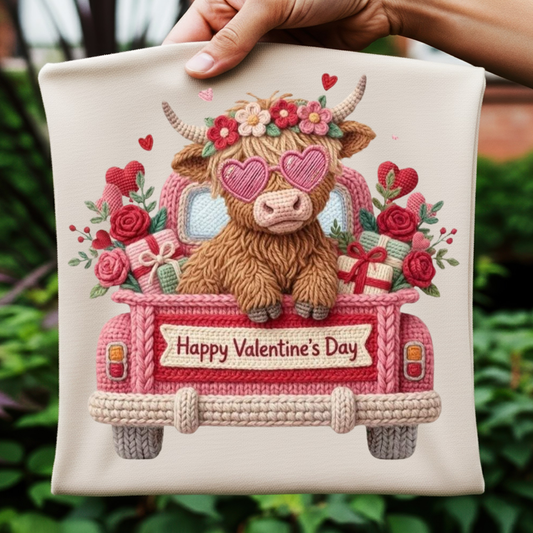 Happy Valentines Day Cow in Truck - Faux Yarn Digital Download